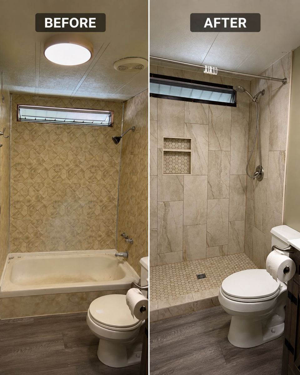 Before and after: tub replaced with a tiled walk-in shower